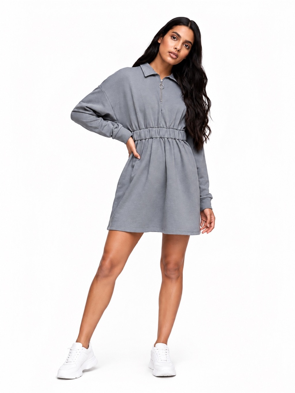 Topshop Gray Half Zip Cinched Waist Sweatshirt Mini Dress US 8